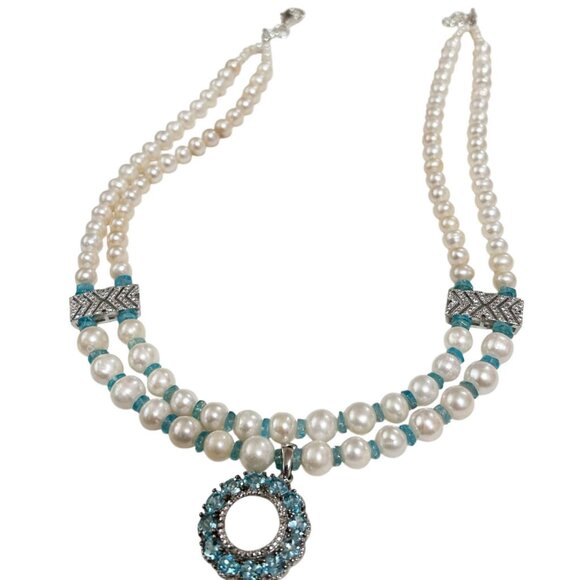 Two Strands Pearl, And Apatite  Necklace With Apatite Pendant - Picture 5 of 5